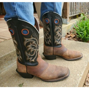 Men's JUSTIN Square Toe Rolliker Black & Brown Stampede Cowboy Boots 10.5 D
